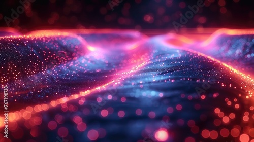 Abstract high-tech background for presentations and websites. Big data background with glowing dynamic lines, binary code. Futuristic neon stripes.