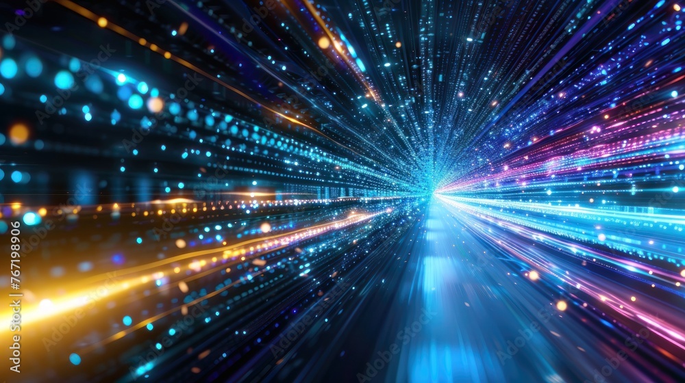 Fototapeta premium Abstract high-tech background for presentations and websites. Big data background with glowing dynamic lines, binary code. Futuristic neon stripes.