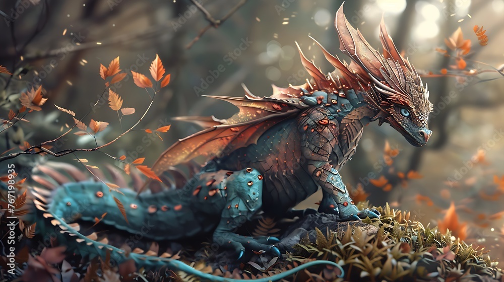 cute fairy-tale dragon with wings and horns in a forest cute fairy-tale dragon with wings and horns in a forest