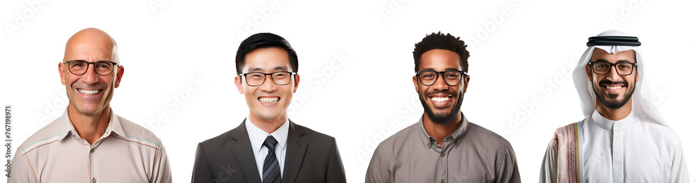 Everyone wearing glasses in a diverse set of teachers: bald, Arab, Asian, and African American close up, Isolated on Transparent Background, PNG Everyone wearing glasses in a diverse set of teachers: bald, Arab, Asian, and African American close up, Isolated on Transparent Background, PNG