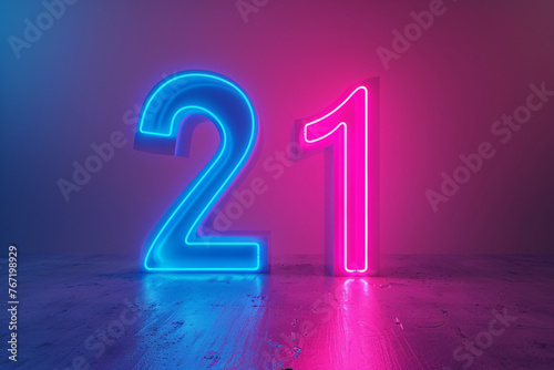 Neon pink and blue glowing number 21 photo