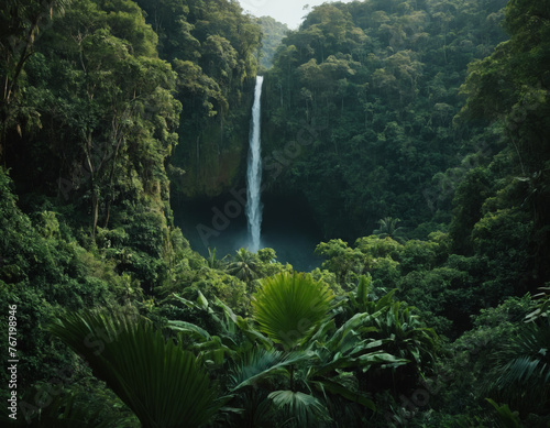 Majestic Waterfall in the Heart of a Lush Tropical Rainforest