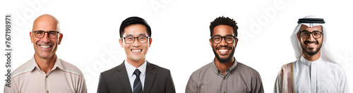 Everyone wearing glasses in a diverse set of teachers: bald, Arab, Asian, and African American close up, Isolated on Transparent Background, PNG