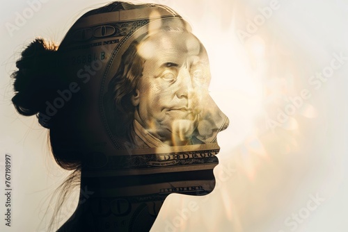 Silhouette of human head filled with money coins and banknotes inside, concept of financial and monetary mindset, wealth, prosperity, financial planning, abundance and economic awareness.