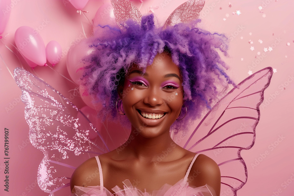 Smiling Young Black Woman with Purple Hair and Fairy Wings Smiling Young Black Woman with Purple Hair and Fairy Wings