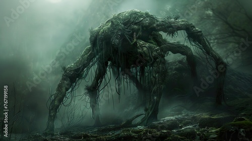 mist of menace: a spider monster's reign in the foggy swamp photo