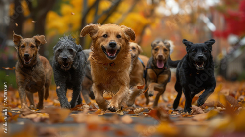 Pack of joyful dogs running through autumn leaves