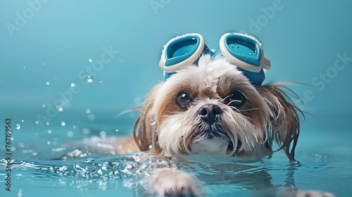 Playful Puppy Enjoying Summer Swim with Protective Goggles in Refreshing Pool © vanilnilnilla