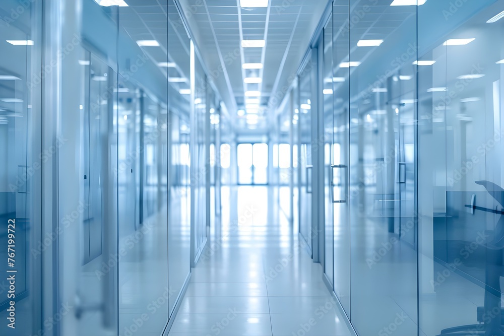 Fototapeta premium Modern office corridor with blurred room background ideal for business presentations or corporate settings. Concept Business Presentations, Corporate Settings, Modern Office, Blurred Background