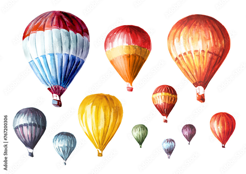 Fototapeta premium Colorful Air Balloons set. Hand drawn watercolor illustration isolated on white background