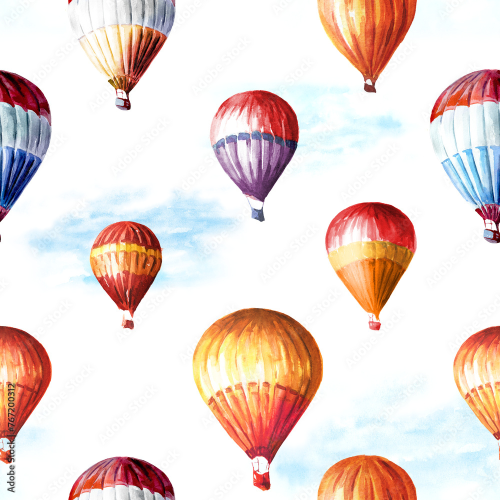 Fototapeta premium Colorful Air Balloons in the cloudy sky. Hand drawn watercolor seamless pattern isolated on white background