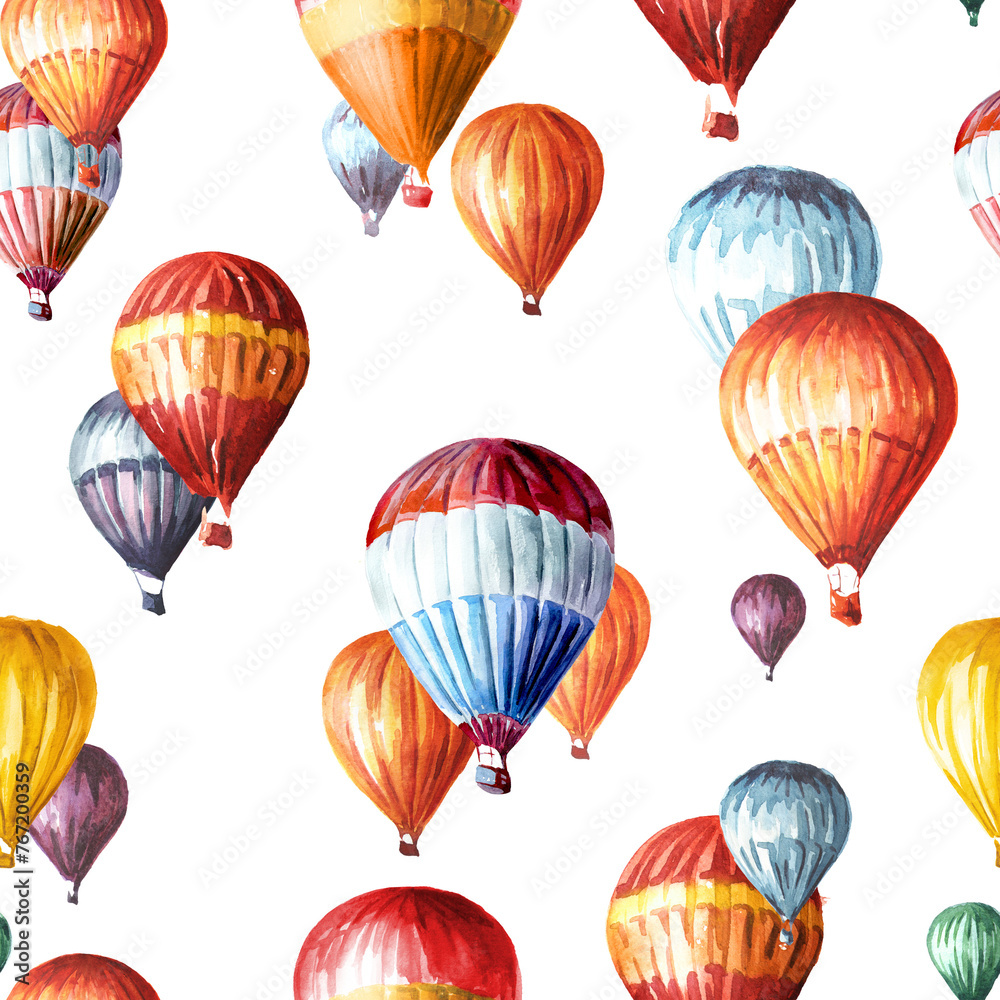 Obraz premium Colorful Air Balloons. Hand drawn watercolor seamless pattern