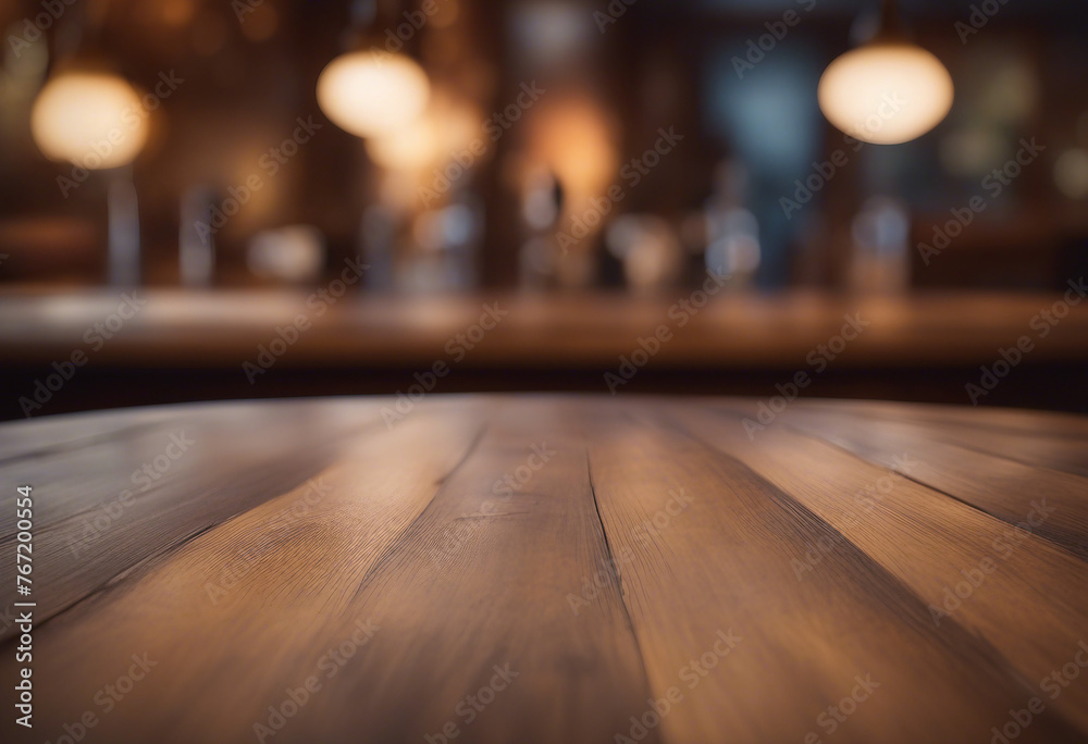 Wooden round table and pub or bar blur background Wooden round table and pub or bar blur background