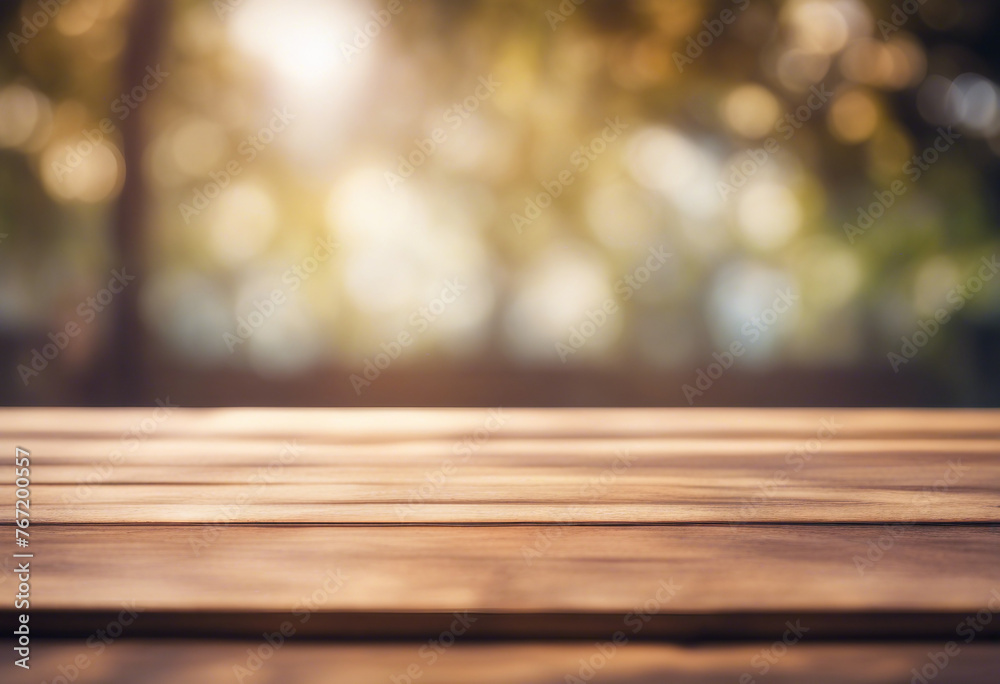 Wooden table top on blur sunlight background Perfect for showcasing products or as a neutral base Wooden table top on blur sunlight background Perfect for showcasing products or as a neutral base