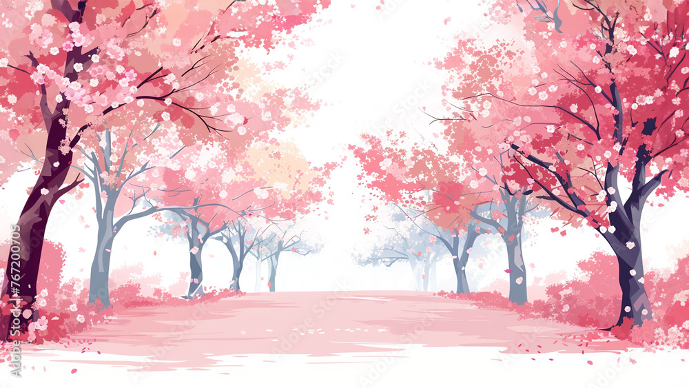 Spring Blossom Avenue Watercolor Cherry Trees Pink Floral Pathway Artistic Scenery Tranquil Park Walkway Romantic Nature Illustration