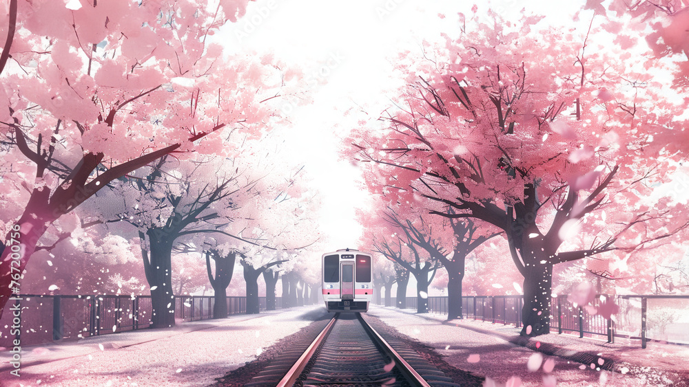 Cherry Blossom Avenue: Serene Train Journey Through Springtime Bloom