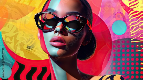 A pop art collage illustration of a beautiful female fashion model wearing sunglasses