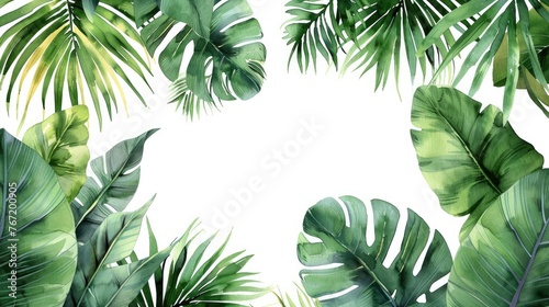 A vibrant watercolor frame bursts with tropical leaves and jungle plants, leaving ample copy space on a white background