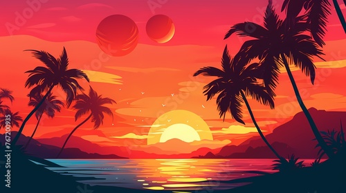 A vibrant tropical sunset gradient  with fiery oranges  deep magentas  and lush greens blending seamlessly  perfect for lively graphic design projects.