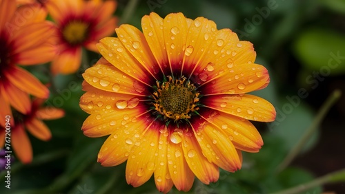 Rain droplets collect on orange flower petals, bright garden background
