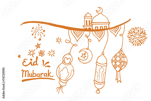 Eid mubarak doodle, ouline art, eid ul fitar doodle. , greeting card, header for website
