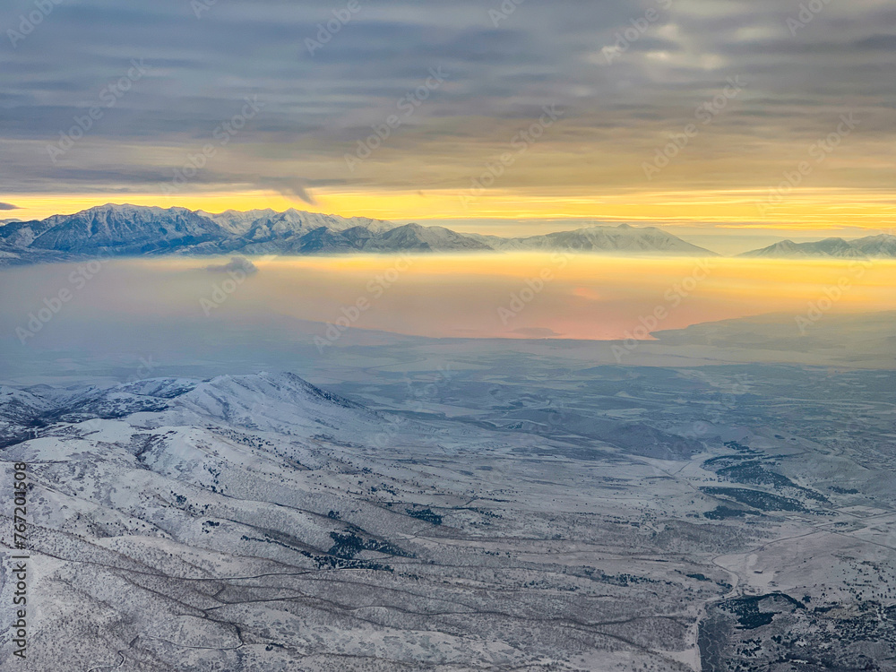 Aerial view of the Great Salt Lake in Utah during a winter sunrise