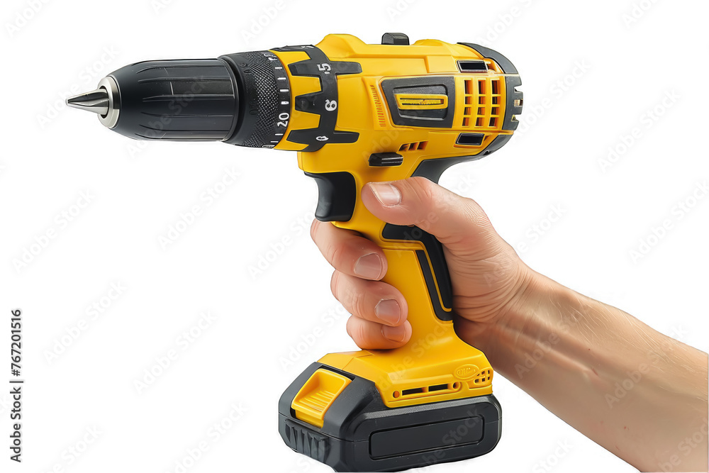 Yellow and black cordless drill in hand, power tool for construction and DIY, isolated on black background