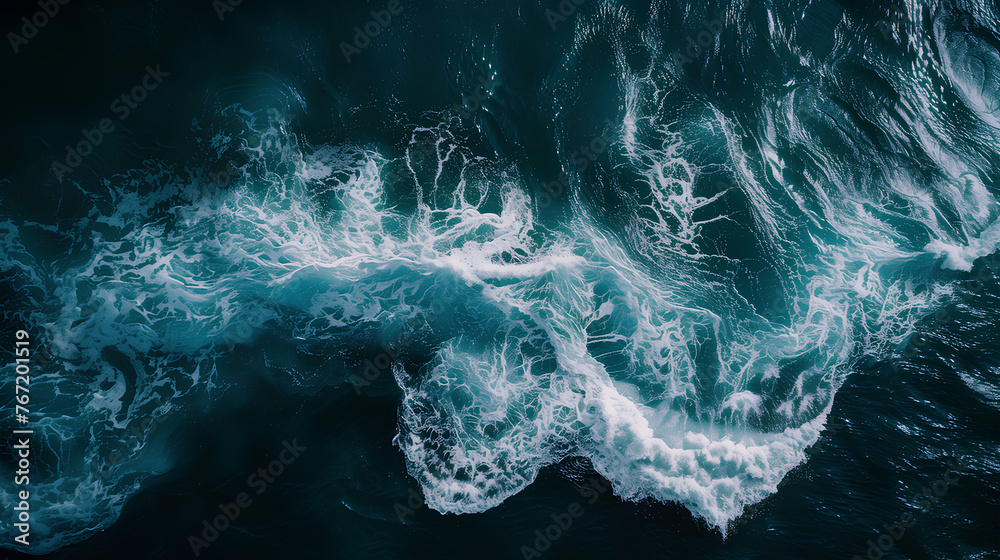 A large wave crashing into the shore. The water is white and frothy, and the wave is high and powerful. Scene is intense and dramatic, as the wave seems to be in full force - obrazy, fototapety, plakaty 
