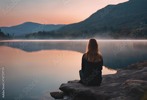 Femme seule isolée au bord d'un lac photo