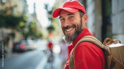 Smiling man in red cap and jacket with beard carrying a backpack standing on a city street with blurred background of buildings and traffic.