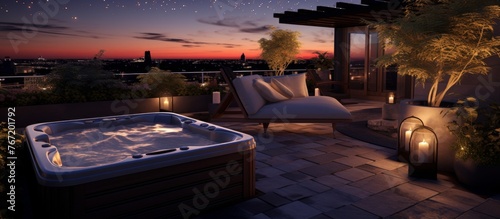 A hot tub is placed on a patio overlooking the nighttime cityscape. Water glistens under the starry sky, surrounded by trees and plants, creating a serene and relaxing landscape photo