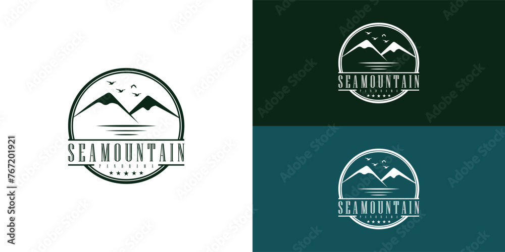 Hawaii Island with Mountain and Sea illustration with retro stamp logo in deep green color isolated on multiple background colors. The logo is suitable for outdoor travel adventure icon logo design Hawaii Island with Mountain and Sea illustration with retro stamp logo in deep green color isolated on multiple background colors. The logo is suitable for outdoor travel adventure icon logo design