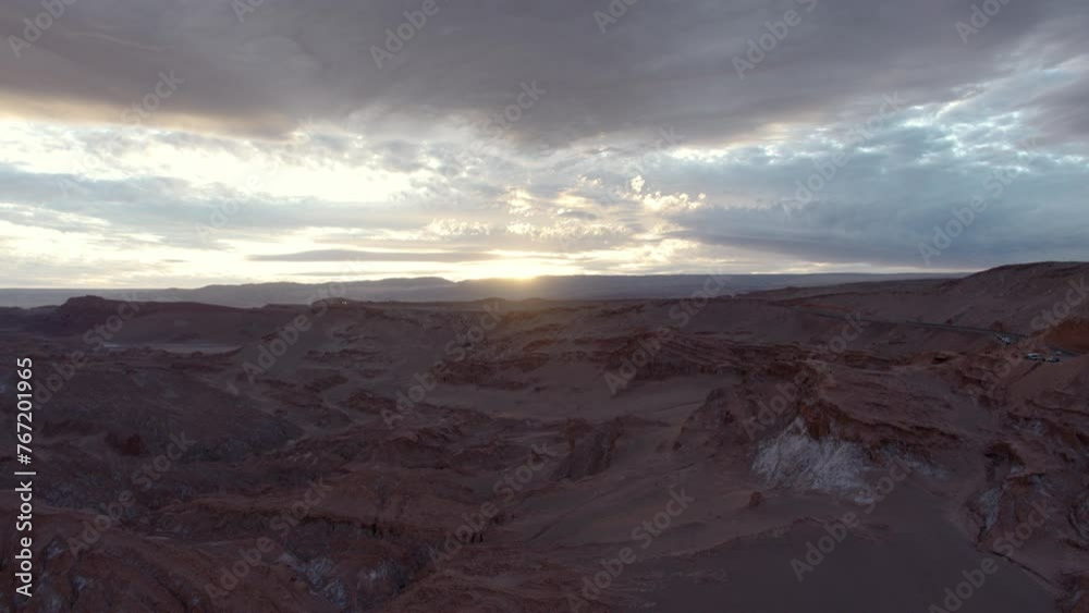 Aerial Panning Scenic View Of Natural Rock Formations Under Cloudy Sky - San Pedro de Atacama, Chile Aerial Panning Scenic View Of Natural Rock Formations Under Cloudy Sky - San Pedro de Atacama, Chile