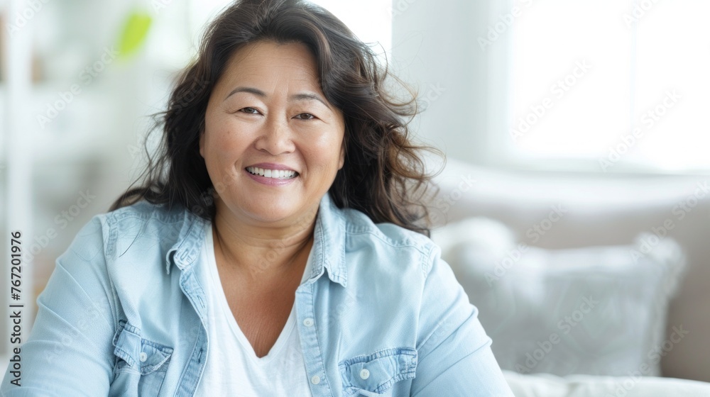 Smiling woman with long hair wearing a light blue denim jacket over a white top seated in a brightly lit room with a blurred background. Smiling woman with long hair wearing a light blue denim jacket over a white top seated in a brightly lit room with a blurred background.