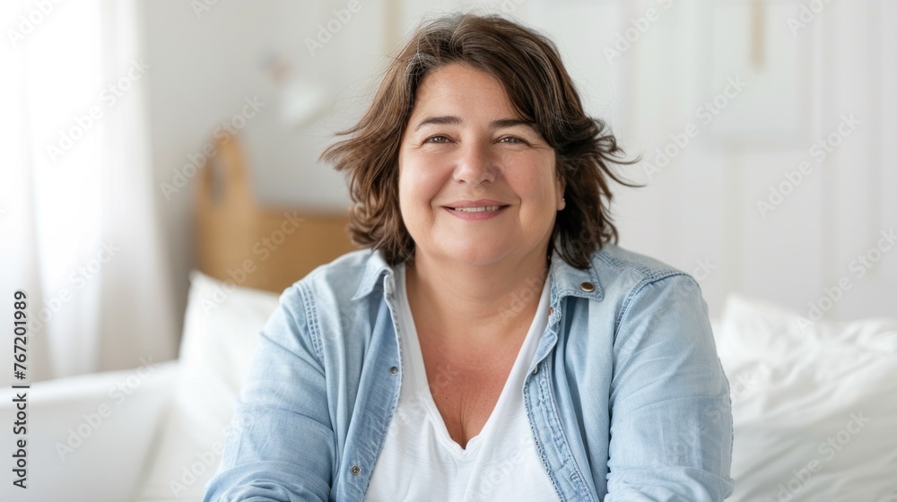 Smiling woman with short brown hair wearing a light blue denim jacket over a white top sitting on a white bed with a wooden headboard in a brightly lit room. Smiling woman with short brown hair wearing a light blue denim jacket over a white top sitting on a white bed with a wooden headboard in a brightly lit room.