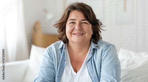 Smiling woman with short brown hair wearing a light blue denim jacket over a white top sitting on a white bed with a wooden headboard in a brightly lit room. photo