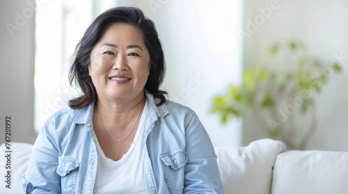 Smiling woman in blue denim jacket and white shirt seated on white sofa with blurred greenery in background. Free Download Smiling woman in blue denim jacket and white shirt seated on white sofa with blurred greenery in background. - GFXLoad