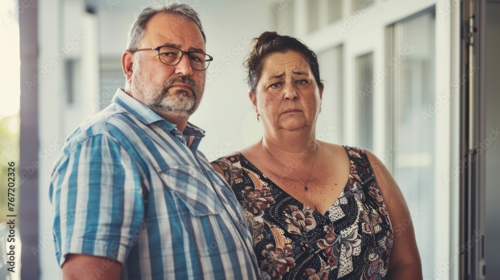 An older couple standing side by side looking slightly distraught or concerned with the man wearing glasses and a striped shirt and the woman in a floral top. An older couple standing side by side looking slightly distraught or concerned with the man wearing glasses and a striped shirt and the woman in a floral top.