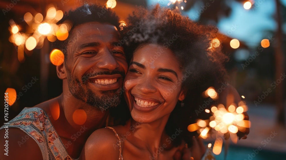 A joyful couple embracing smiling and enjoying a moment together with sparklers in the background creating a warm and festive atmosphere. A joyful couple embracing smiling and enjoying a moment together with sparklers in the background creating a warm and festive atmosphere.
