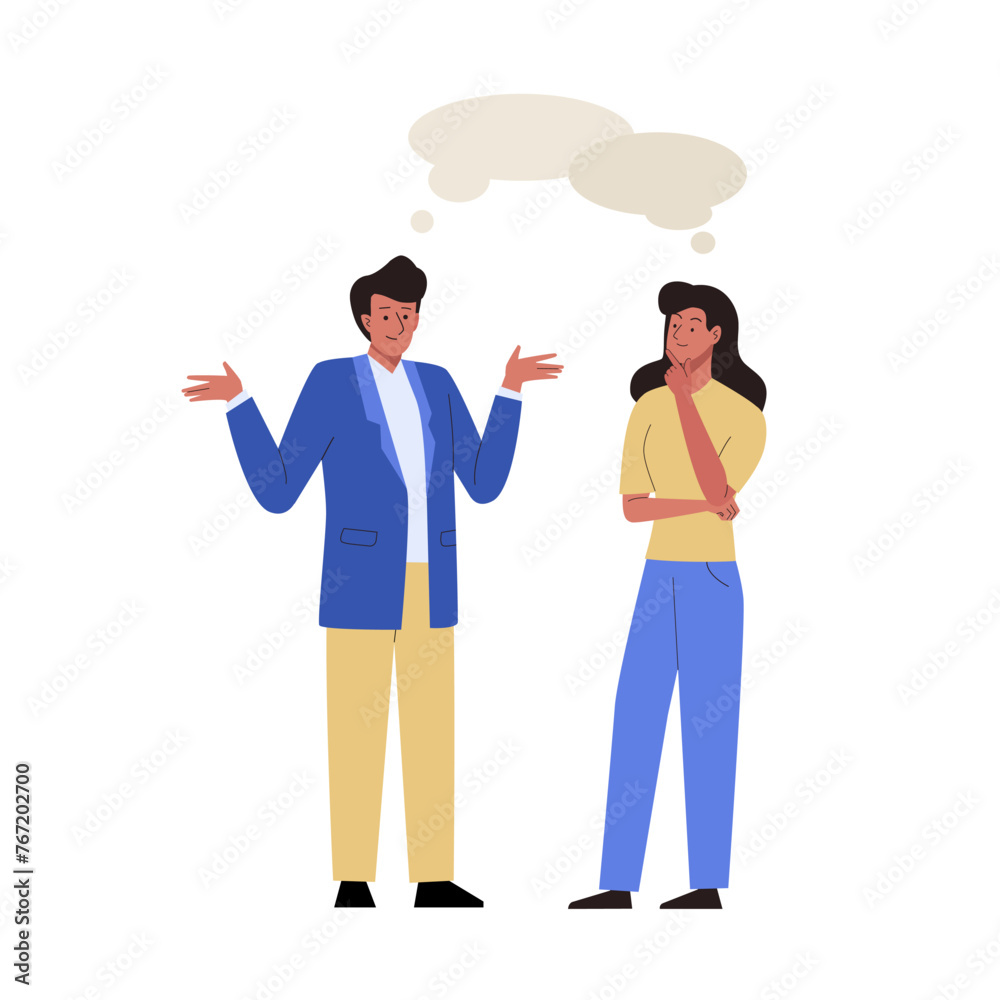 Business people meet and talk with each other with speech bubbles. Dialogues between male and female characters Business people meet and talk with each other with speech bubbles. Dialogues between male and female characters