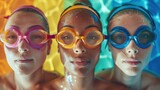 Three women wearing colorful goggles and swim caps with water droplets on their faces standing in a colorful underwater environment.