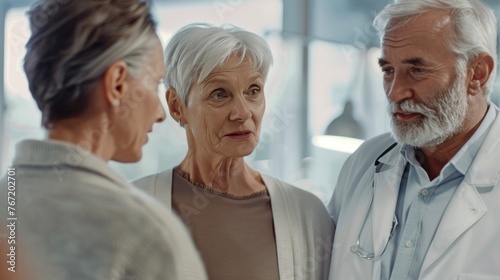 Elderly couple in hospital doctor with stethoscope concerned expressions medical setting.