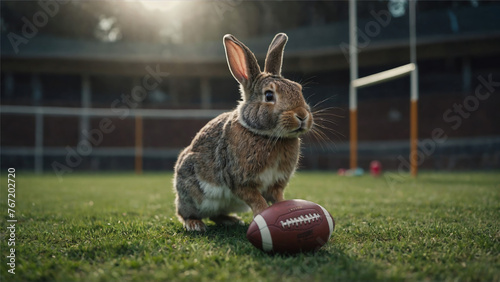 easter rabbit and football on american football field. 
 Generative AI. photo