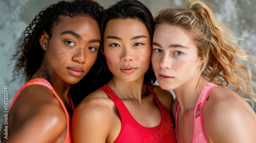 Three young women with different hair colors and styles wearing matching red sports bras posing closely together with confident expressions against a neutral background.