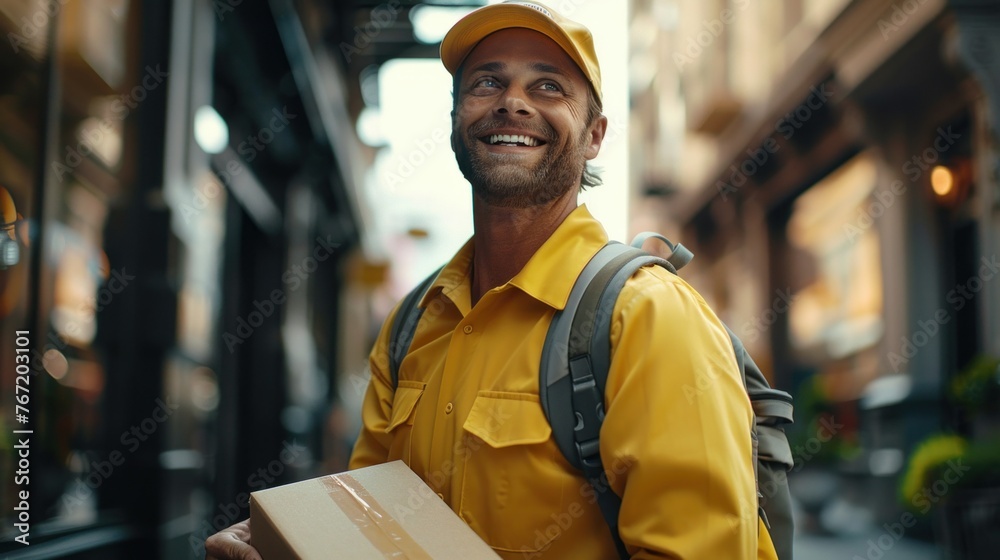 Fototapeta premium Happy delivery man in yellow shirt and cap smiling while holding a package walking down a city street with blurred background.