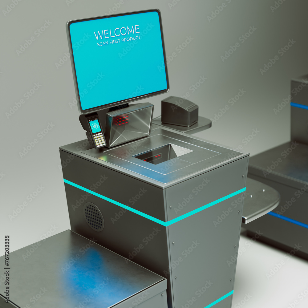 Modern Self-Service Checkout Kiosk in Retail Environment for Transactions