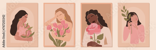 Set of International Women's Day greeting card. Abstract woman portrait different nationalities with flowers. Girl power, struggle for equality, feminism, sisterhood concept. Vector illustration.