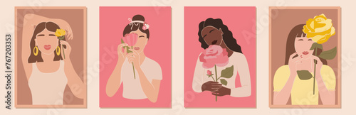Set of International Women's Day greeting card. Abstract woman portrait different nationalities with flowers. Girl power, struggle for equality, feminism, sisterhood concept. Vector illustration.