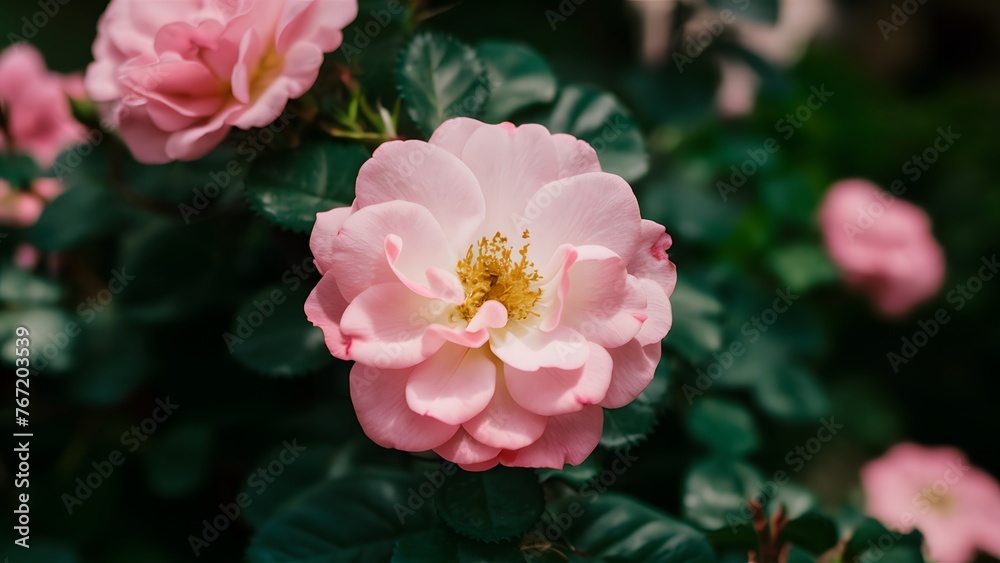 Rose blooming in summer garden, pink flowers blossoming outdoors Rose blooming in summer garden, pink flowers blossoming outdoors