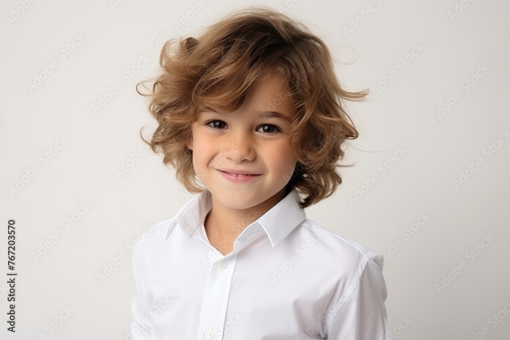 Portrait of a cute little boy with curly hair on gray background Portrait of a cute little boy with curly hair on gray background